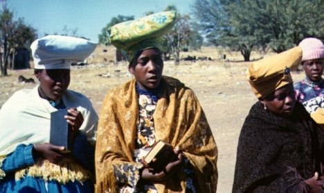 Herero fashions in 1970: Younger women after an Oruuano Church service in Gobabis old location. 