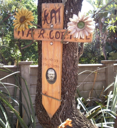 A memorial near the corner of Owen Avenue and Matterson Street, to N.A.R. Coetzee, known as "Kat". Persumably he died in a road accident nearby, though that seems a bit strange in our quiet little cul-de-sac, which gets very little traffic. 